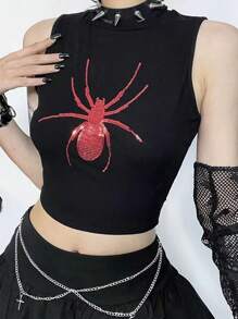 SHEIN Unity Blusa de lentejuelas estampada con patrón de araña y corte ajustado para el verano - Negro - Ver 2