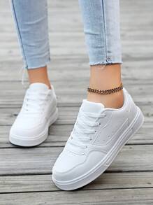 Zapatos de mujer casuales tipo tenis, suela plana suave y cordones para mayor comodidad, zapatos diarios ligeros y bajos - Blanco - Ver 2