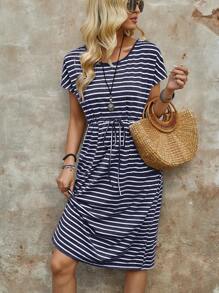 EMERY ROSE Women's Striped Drawstring Waist Slant Pocket Casual Dress For Summer - Navy Blue - View 4