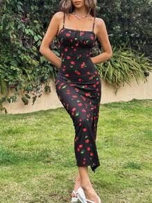 SHEIN EZwear Cherry Print Split Thigh Cami Maxi Summer Dress
