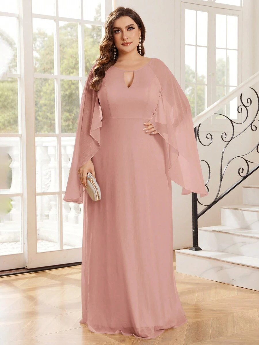 SHEIN Belle Plus Size Solid Color Hollow Out Cape Sleeve Elegant Bridesmaid Dress - Dusty Pink - View 1