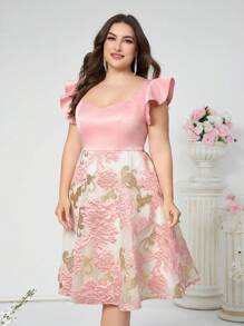 SHEIN Belle Plus Size Elegant Pink Satin & Jacquard Fabric Patchwork Cap Sleeve Dress With U-Neck For Cocktail Party Prom Semi Formal Wedding Guest Dress, For Birthday, Graduation, Dinner, Homecoming
