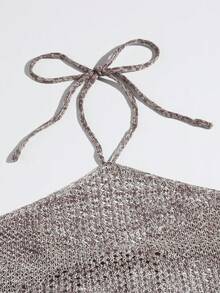 SHEIN Essnce Ensemble de jupe sarong de couleur unie pour femme avec haut ras-du-cou pour les vacances - Marron - Voir 5