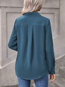 EMERY ROSE Solid Button Front Shirt,Long Sleeve Tops Fall Cloth For Women - Dusty Blue - View 2