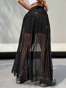 SHEIN EZwear Western Wear Women's Spring/Summer Y2k Black Mesh Contrast Skirt