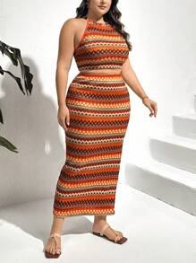 SHEIN Essnce 大码女式夏季休闲度假钩针彩色套装、夏季女装、沙滩两件套、曲线套装、夏季服装、女士两件套、沙滩女装、夏季两件套、服装套装 - 彩色 - 查看 4