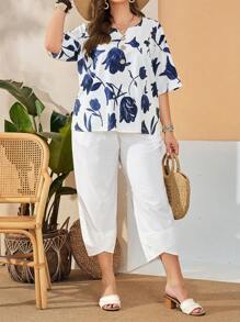EMERY ROSE Conjunto de blusa con estampado floral y pantalones capri talla grande, para el verano