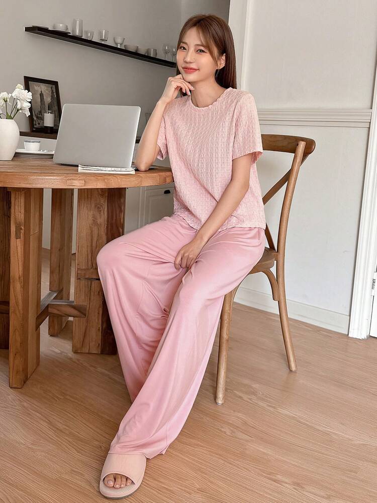 Leisure Jacquard Top & Wide Leg Pants Home Wear Set Pajama