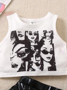 年轻女孩时尚无袖印花上衣和百褶裙套装 - 黑色 - 查看 5