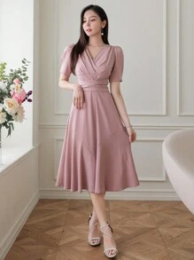 DAZY 女士纯色简约日常短袖连衣裙夏季太阳裙 - 粉色 - 查看 1