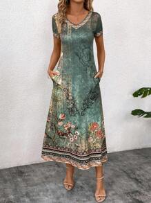 SHEIN Clasi Ladies Stylish Green Retro Half-Sleeve Pocket Dress - Green - View 3