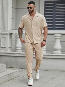 Manfinity Homme Conjunto de camisa de manga curta e calça comprida masculina Plus Size, casual, cor sólida - Damasco - Visão 7
