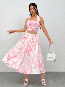 SHEIN PETITE Nhuộm buộc Nhăn Áo hai dây Và Váy chữ A Mùa hè Kỳ nghỉ Bộ - Hồng - Xem 6