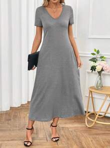 SHEIN Clasi Vestido Recto Con Cuello En V Y Bolsillos Diagonales De Color Sólido Para Mujeres - Gris - Ver 1