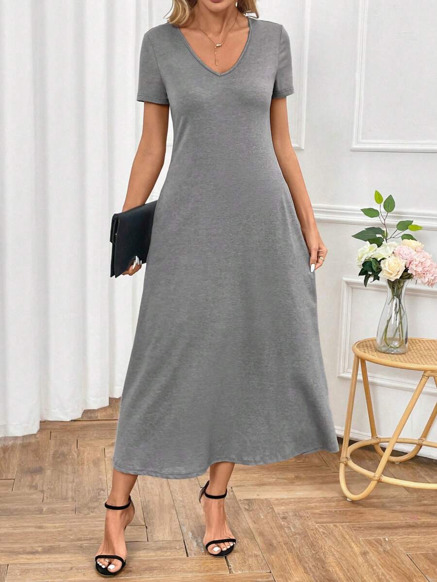 SHEIN Clasi Vestido Recto Con Cuello En V Y Bolsillos Diagonales De Color Sólido Para Mujeres - Gris - Ver 1