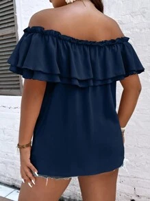 SHEIN Clasi Plus Size Holiday Casual Solid Color Off Shoulder Ruffle Trimmed Blouse - Navy Blue - View 2