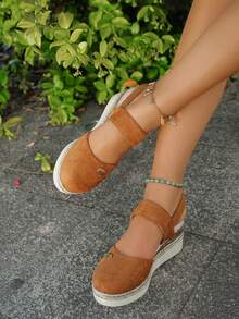 Women Rope Platform & Thick-Soled Sandals, Women Closed Toe Elastic Band Pumps With Brown Suede Upper - Brown - View 4