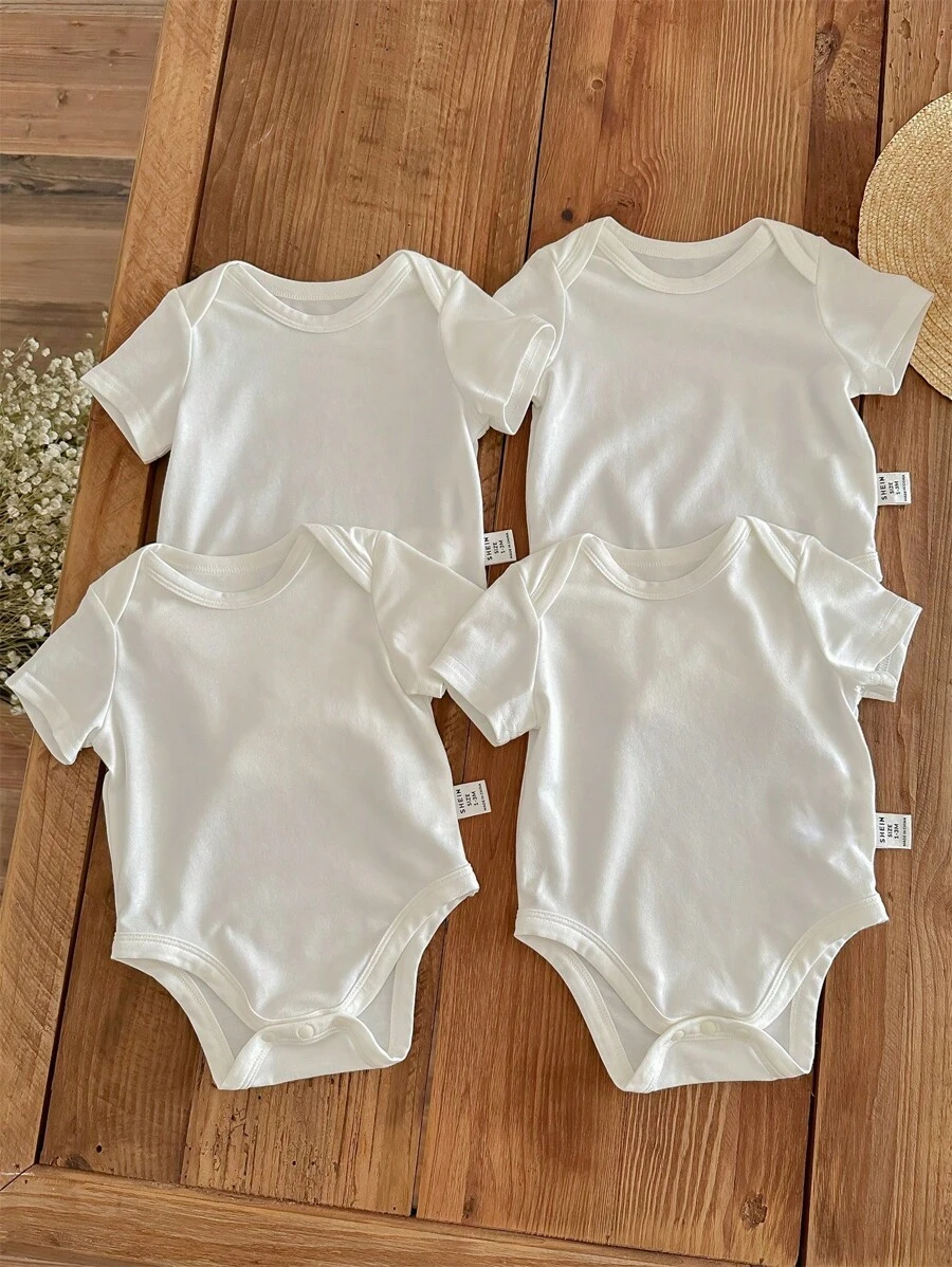 SHEIN Baby Girl Casual Simple Short Sleeve White Bodysuit, 4pcs/Pack, Perfect For Summer - White - View 1