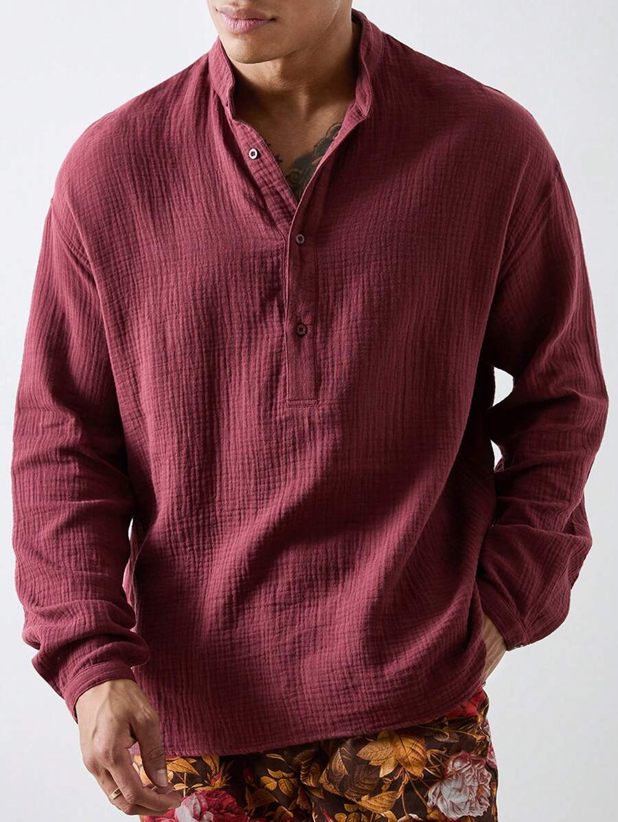 Forever 21 Men's Oversized  Long Sleeve Shirt With Grandad Collar In Brownish Red - Brown - View 1