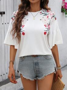 SHEIN LUNE Áo thun tay phồng cổ tròn thông thường có chi tiết xếp nếp và in hoa ở cả hai mặt, màu trắng - Nhiều màu - Xem 1