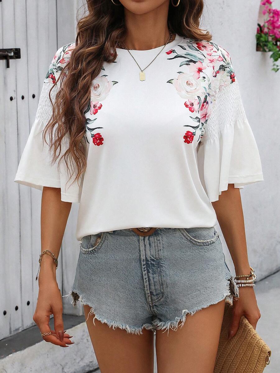 SHEIN LUNE Áo thun tay phồng cổ tròn thông thường có chi tiết xếp nếp và in hoa ở cả hai mặt, màu trắng - Nhiều màu - Xem 1