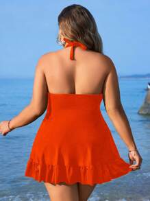 Swim Lushoire Plus Size Solid Halter Ruffle Trim Swim Dress, Perfect For Vacation, Summer Beach Bathing Suit