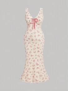 SHEIN MOD Vestido de verano de talla grande con estampado floral rosa en estilo rural para vacaciones
