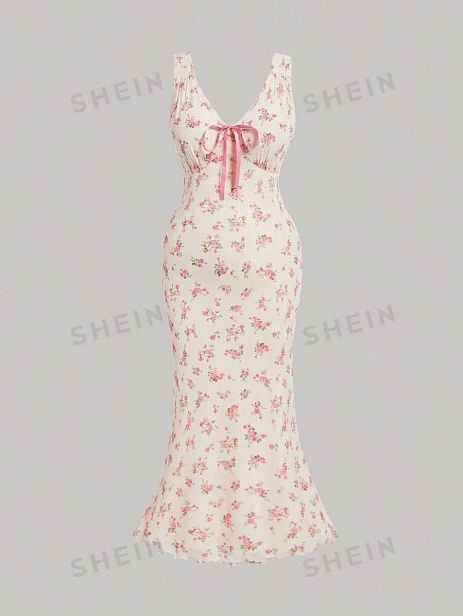 SHEIN MOD Vestido de verano de talla grande con estampado floral rosa en estilo rural para vacaciones