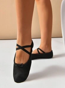 Children Solid Color Simple Cross Strap Dance Shoes - Black - View 7