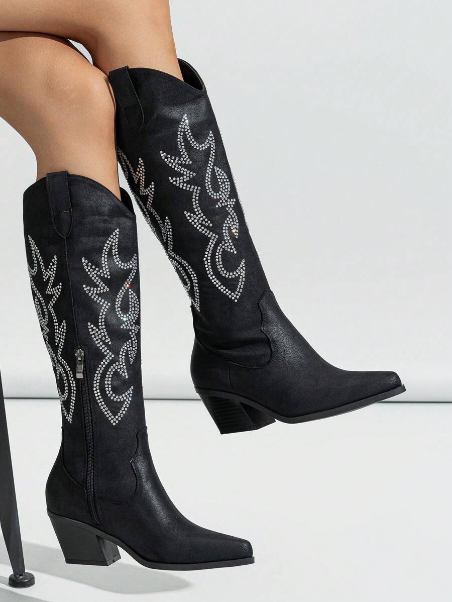 女式黑色尖头粗跟侧拉链铆钉西部牛仔靴，刺绣，保暖，中长款 - 黑色 - 查看 1