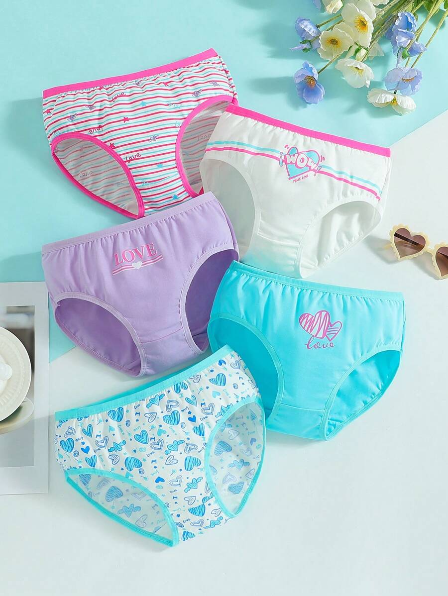 Tween Girl 5pcs Comfortable Triangle Underwear With Letter And Heart Print - Mint Blue - View 1