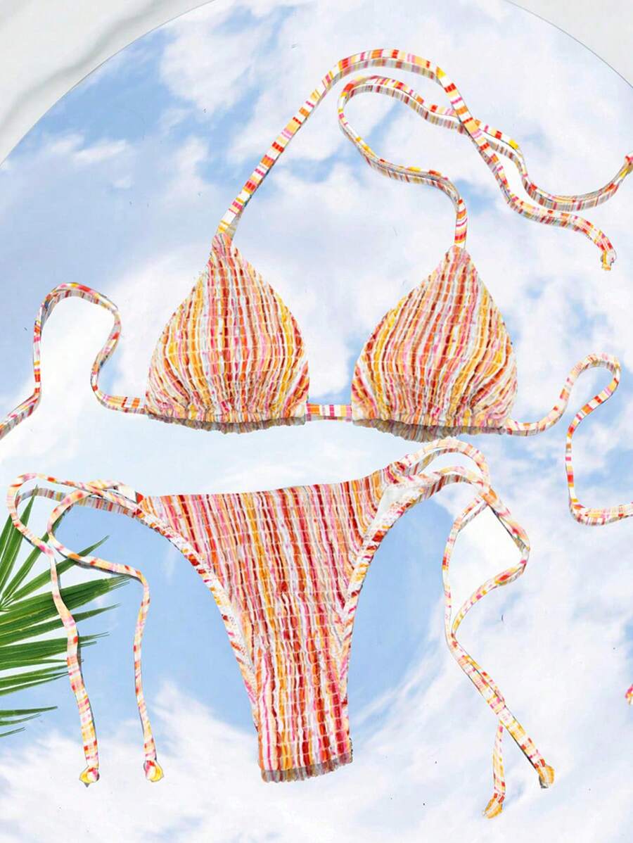 Swim Mod Color-Block Striped Halter Bikini Set, Perfect For Summer Beach Or Poolside Vacation - Multicolor - View 1