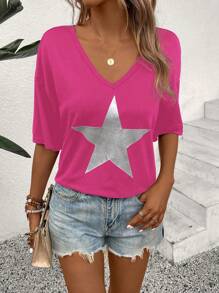 SHEIN LUNE Camiseta casual de verano para mujer con estampado de estrellas de cinco puntas, cuello en V y mangas cortas