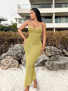 SHEIN SXY Beach Holiday Solid Color Knitted Cross Backless Side Split Halter Dress - Mustard Yellow - View 13