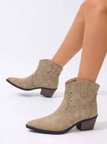 女式卡其色穿孔铆钉一脚蹬粗跟方头切尔西踝靴，百搭新款骑士靴和短靴 - 卡其色 - 查看 2
