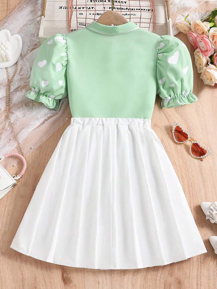 Tween Girls' Summer Sweetheart Heart Printed Patchwork Puff Sleeve Shirt And Solid Color Pleated Skirt Two-Piece Set
