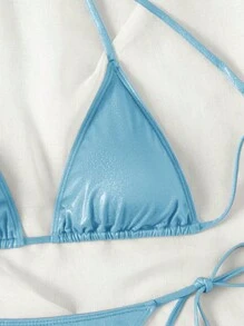 SHEIN Swim 女士純色肩帶比基尼套裝，適合日常穿著，夏季沙灘 - 藍色 - 查看 4