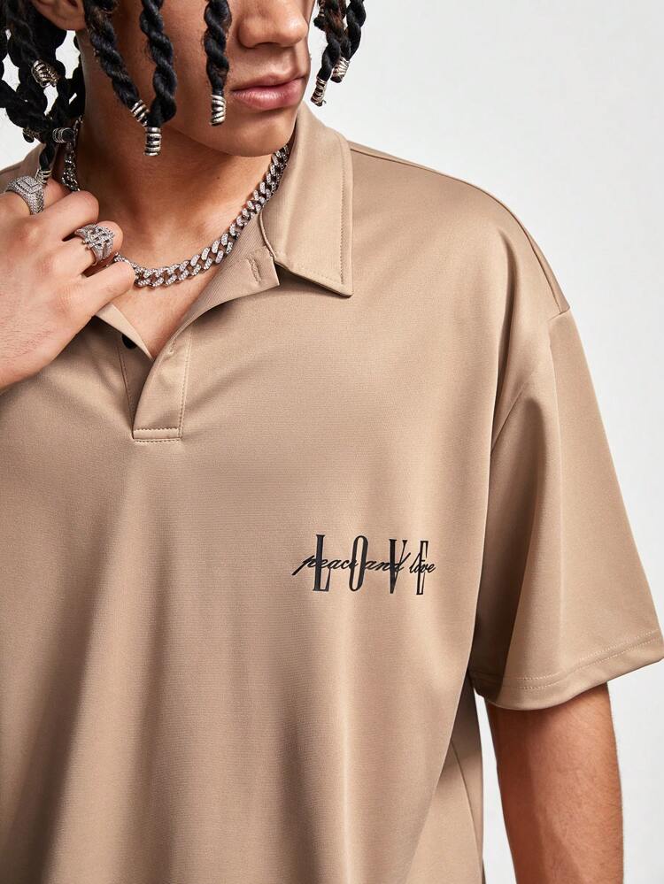 Men Printed Short Sleeve Polo Shirt And Solid Color Drawstring Shorts, Summer Casual Outfit