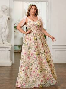 SHEIN Belle Plus Size Colorful Embroidered Floral Corset With White Base, Waist Cincher And Bow For Elegant Bachelorette Parties, Formal Occasions,  The Garden For Time Romantic Dinners And Resort Style, Also Ideal For Wedding Reception Dresses