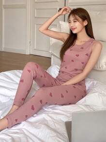 DAZY Heart Print Slim Fit Tank Top & Pants Pajama Set - Pink - View 4