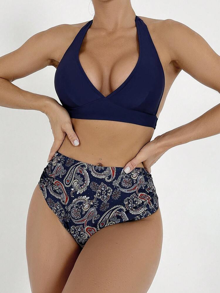 Women's Solid Color Bikini Sets With Halter Neck Bikini Top And Vintage Print Swim Shorts, 2 Pieces(Random Print) Summer