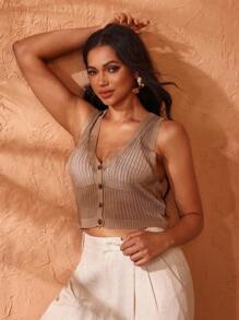 Ashley Hobart Designs Top sin mangas de punto de unicolor con diseño calado y cierre de botones delantero, top para mujer, para verano, vacaciones, invierno, festival