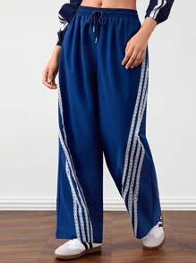 Forever 21 Women Color Block Patchwork Elastic Waist Wide Leg Cropped Pants For Casual And Sport