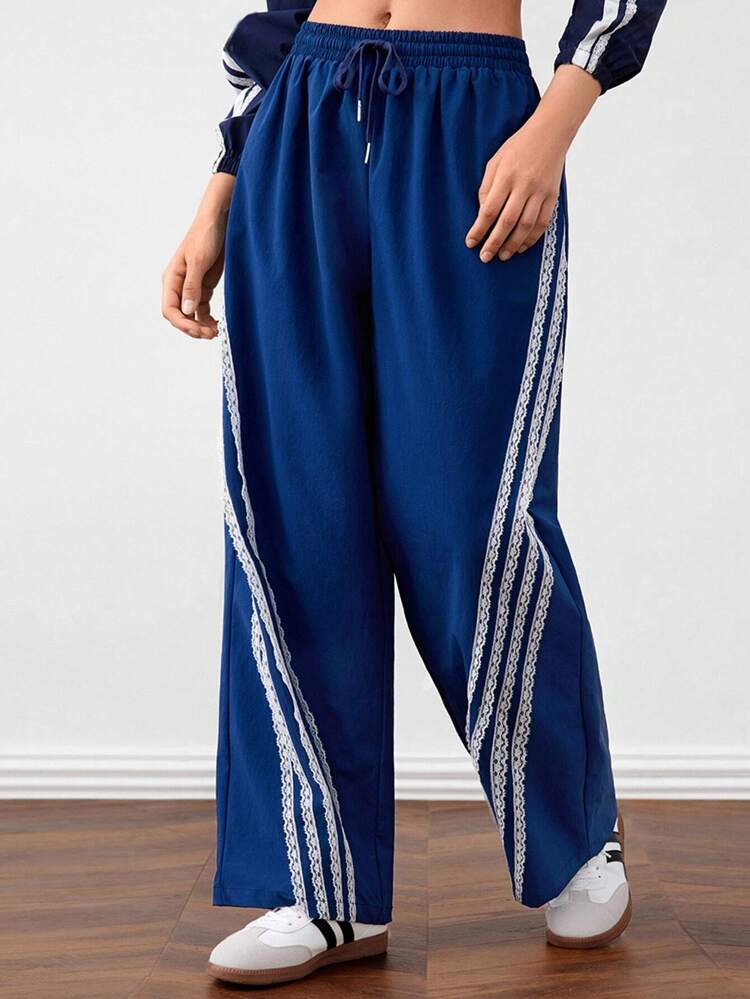 Women Color Block Patchwork Elastic Waist Wide Leg Cropped Pants For Casual And Sport