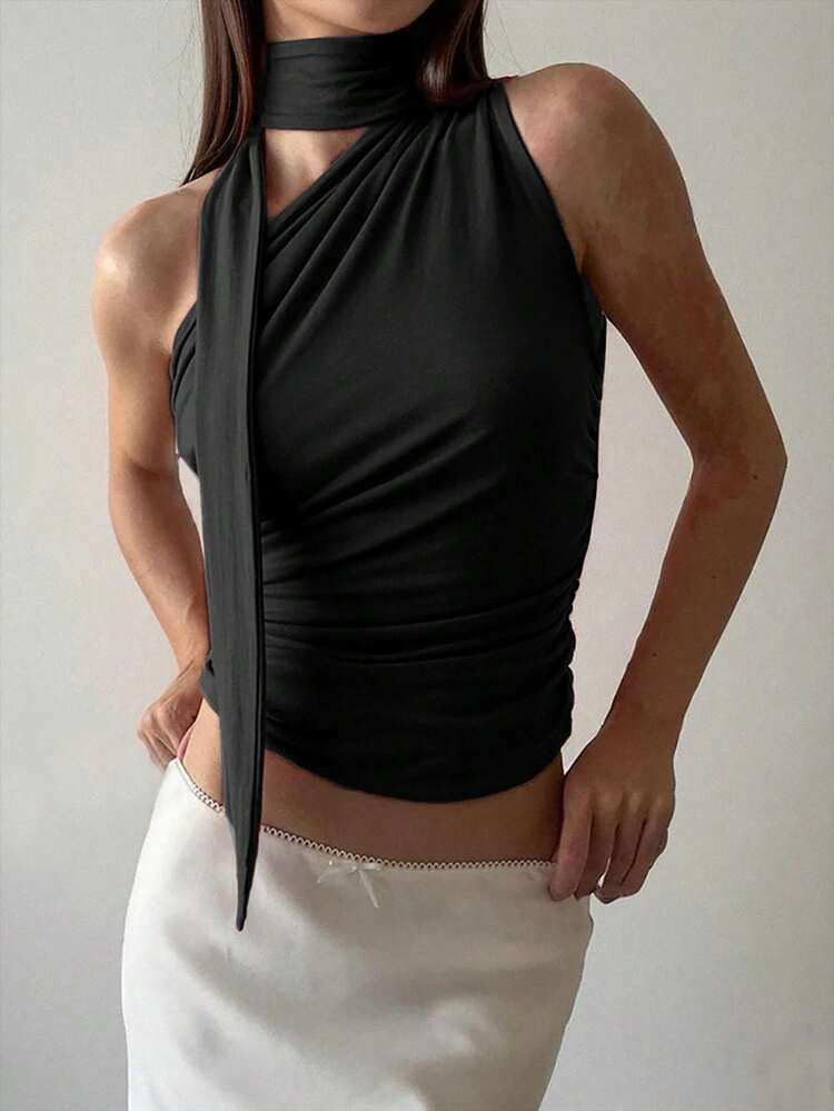 Women Solid Color Spring/Summer Top With Draped Shoulder And Neck