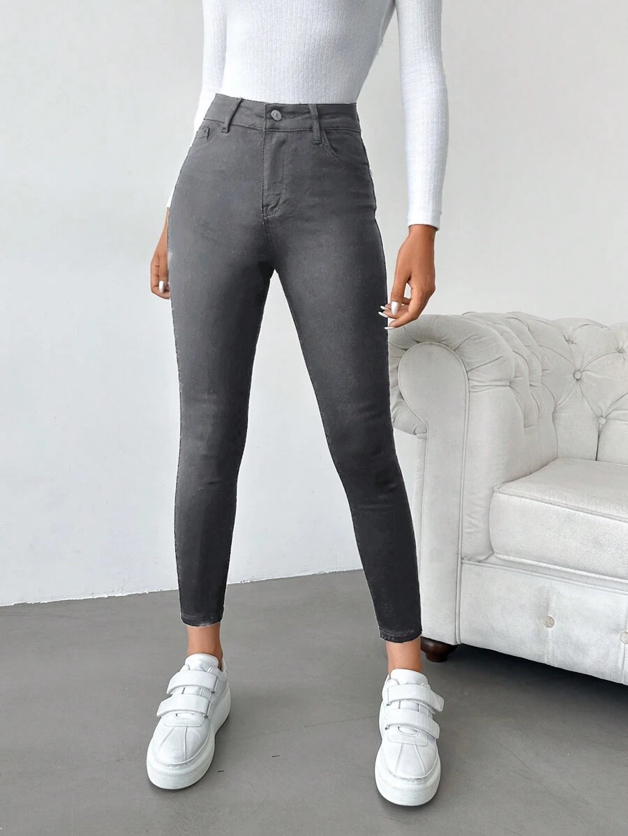 SHEIN Cottnline Vaqueros Pitillo De Color Sólido - Gris - Ver 1