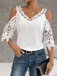 Chiquease Blusa panel con encaje de hombros descubiertos - Blanco - Ver 1