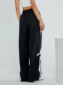 SHEIN EZwear 編織對比條紋側邊有彈性腰部運輸褲 - 黑色 - 查看 2