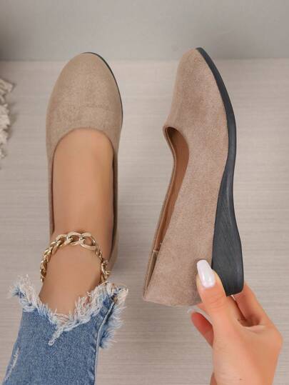 Ladies Apricot Retro Suede Wedge Heels, Solid Colored Low Vamp Flat Shoes, All-Matching