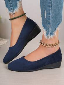 Women Vintage Blue Suede Wedge Heels, Solid Color Low Vamp Flat Shoes, Versatile - Navy Blue - View 3
